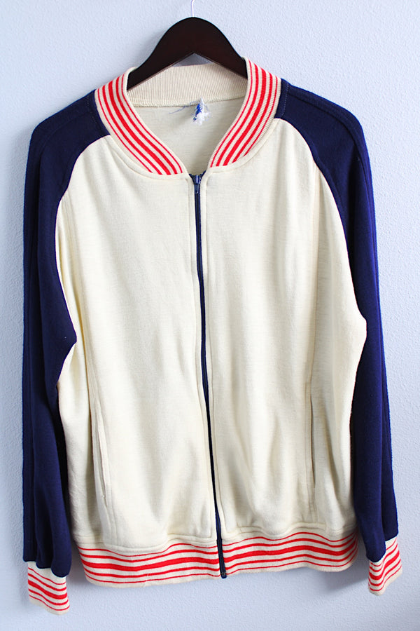 Men's or women's vintage 1970's Ways label long sleeve zip up soft sweater track jacket in cream, navy, and red colors.