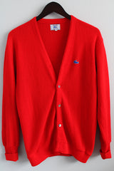Women's or men's vintage 1980's Izod Lacoste label long sleeve bright red colored button up cardigan sweater with small alligator patch on left chest.