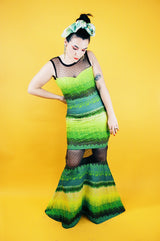 sleeveless floor length dress green and yellow striped print with sheer lace panels vintage 1990's