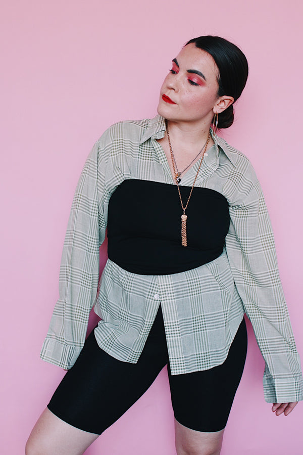 Men's or women's vintage 1960's Ivy Traditionals, Campus label long sleeve green plaid button up shirt with clear buttons, one left chest pocket in a cotton and polyester blend material.