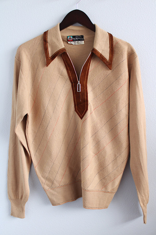 Women's or men's vintage 1960's Made in Italy Exclusively For Meier & Frank Company, Portland label long sleeve tan brown colored pullover sweater with a dagger collar and half front zipper closure. 