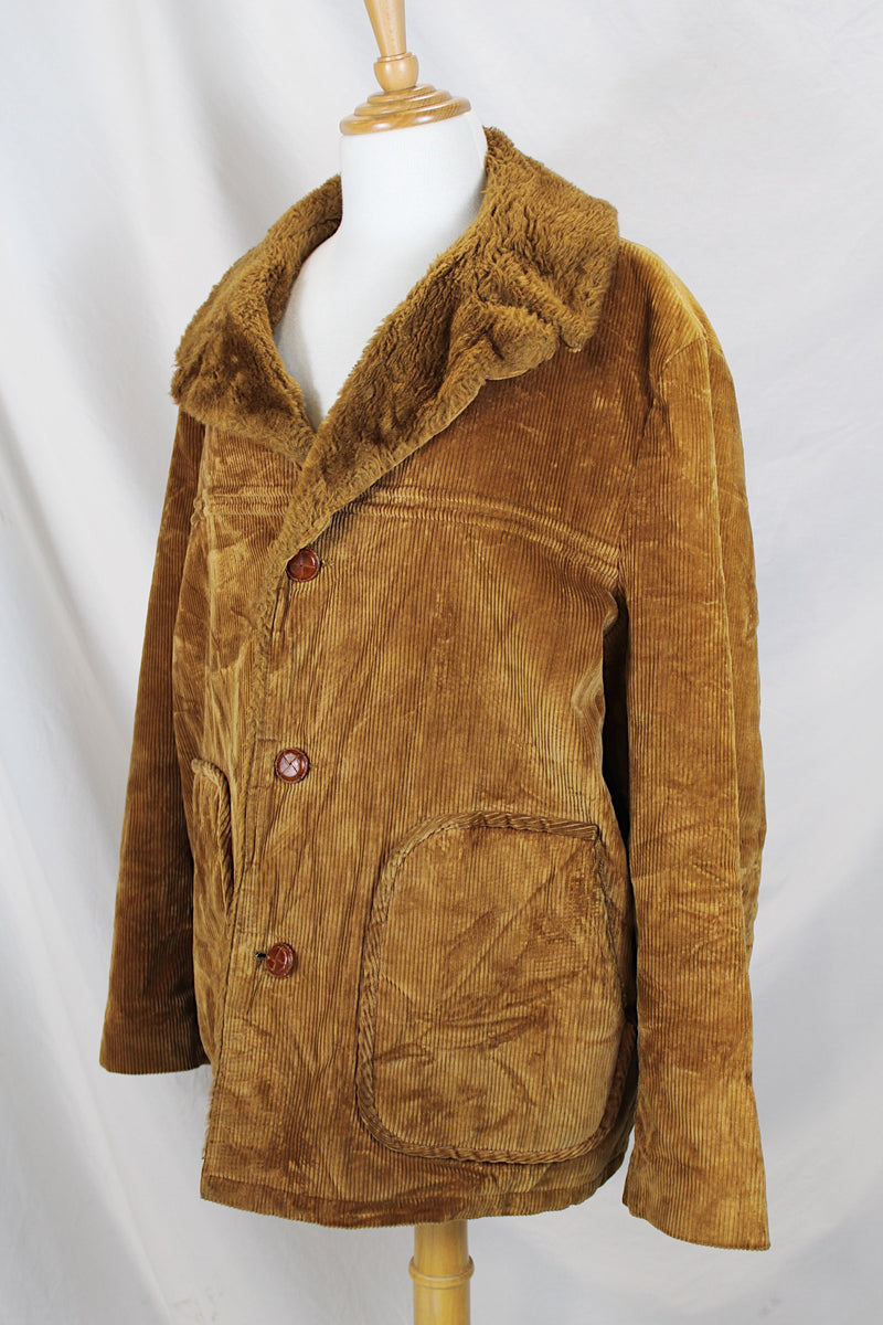 Men's or women's vintage 1970's Towncraft Penneys label long sleeve brown colored corduroy jacket with faux fur trim and liner.