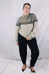Women's or men's vintage 1990's Lobo by Pendleton label long sleeve pullover wool sweater in dark and light grey colors with navy and yellow print pattern across chest. 