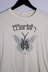 Women's or men's vintage 1970's Ched, Quality Knits label short sleeve cream colored Mariah band tee with brown butterfly graphic on the front. 