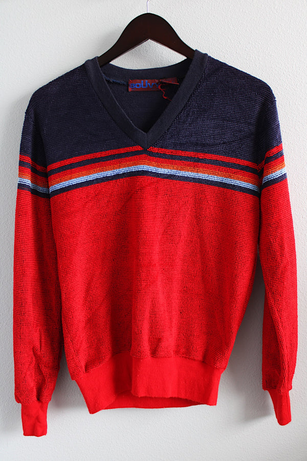 Men's or women's vintage 1980's Bouvy label long sleeve pullover sweater with a V shaped neckline in a red and navy velvet material.