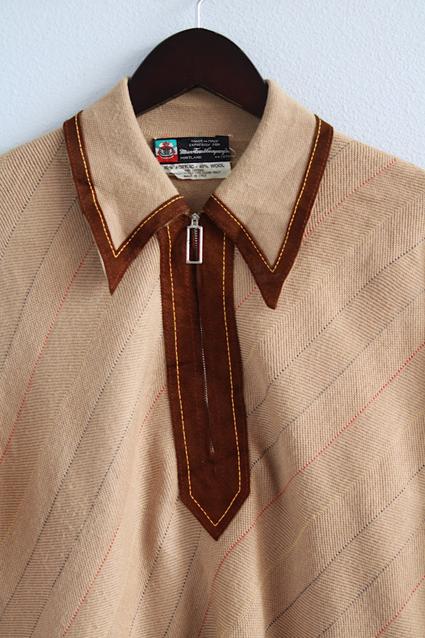 Women's or men's vintage 1960's Made in Italy Exclusively For Meier & Frank Company, Portland label long sleeve tan brown colored pullover sweater with a dagger collar and half front zipper closure. 