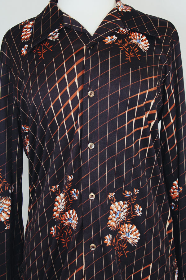 Men's or women's vintage 1970's Kings Road label long sleeve chocolate brown colored button up shirt with all over floral print in a slinky polyester material. 