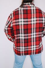 Men's or women's vintage 1970's Sears, The Men's Store label long sleeve button up shacket in size large. All over red and navy plaid print.