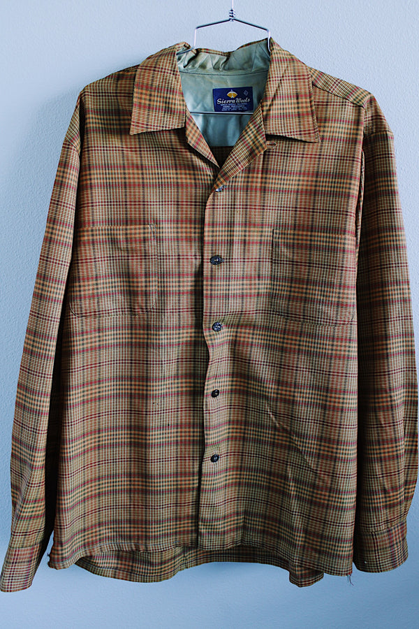 Men's vintage1960's Sierra Wools, Single Needle Tailoring, Made in Japan label long sleeve XL button up shirt with collar in an orange and brown plaid print and wool material. 