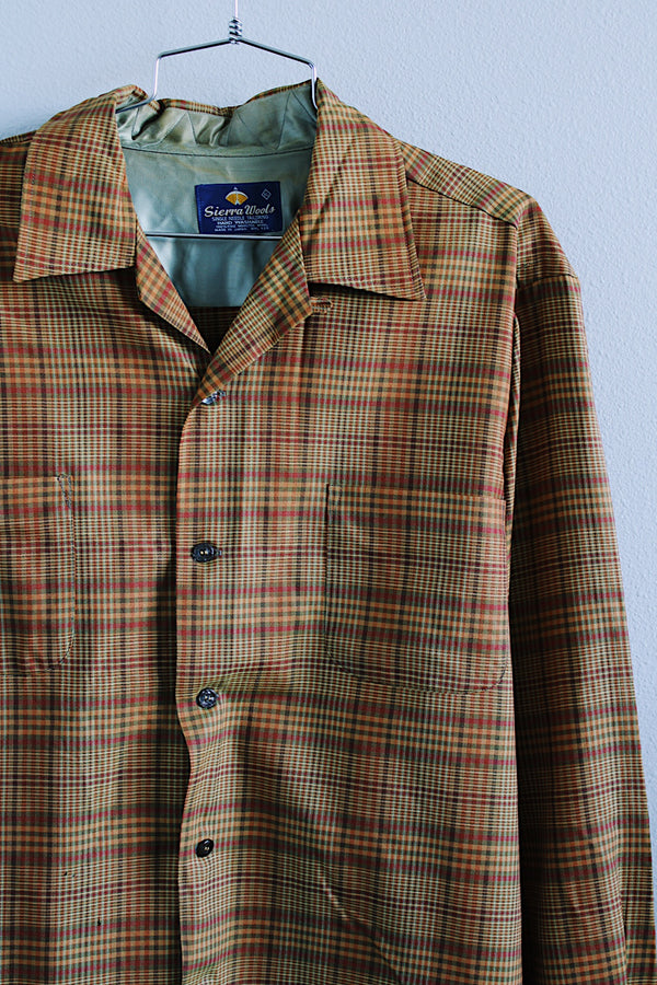 Men's vintage1960's Sierra Wools, Single Needle Tailoring, Made in Japan label long sleeve XL button up shirt with collar in an orange and brown plaid print and wool material. 