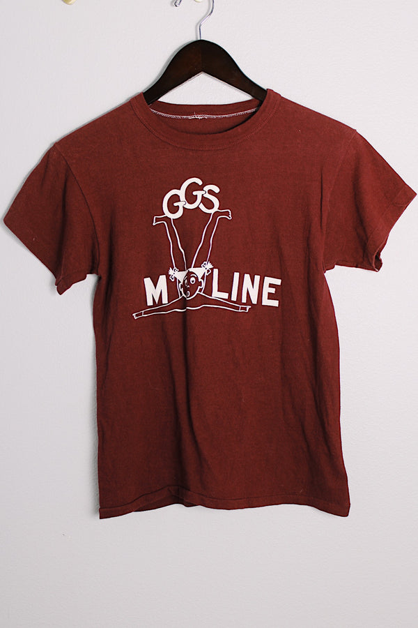 Women's or men's vintage 1970's short sleeve maroon colored tee with a white graphic on the front in a cotton and polyester material. 