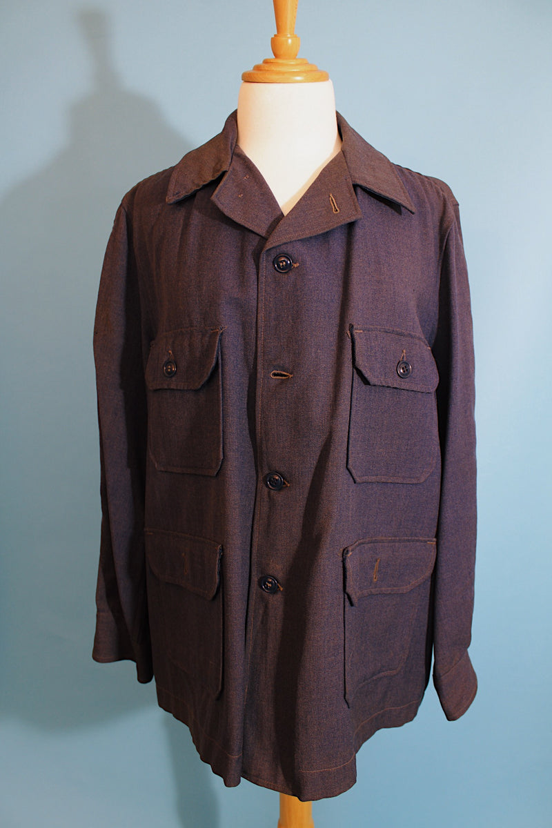 Men's vintage 1950's Shirt, Flying, Heavy, Type A-1A (Air Force) label long sleeve button up shacket in a chambray blue wool material.