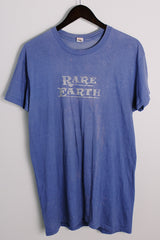 Women's or men's vintage 1980's Hanes Under Colors label short sleeve long length blue Rare Earth band tee in a cotton material.