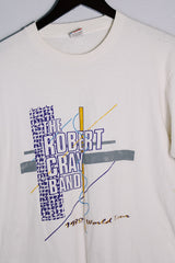 Women's or men's vintage 1988 Fruit of the Loom, Made in USA label short sleeve white 1988 The Robert Cray Band tour tee with graphic on front and back in cotton material.