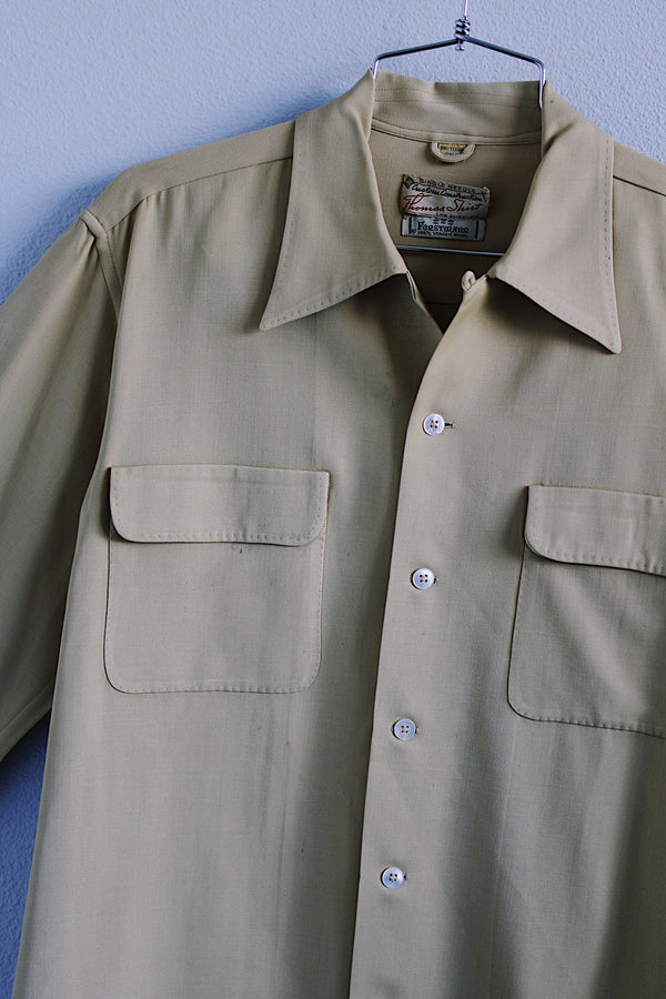 Men's vintage 1950's Single Needle Custom Construction Thomas Shirt, Los Angeles long sleeve tan colored button up shirt in all wool material