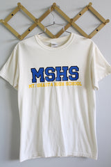 Women's or men's vintage 1990's Gildan Ultra Cotton label short sleeve white tee with text on the front and the back in blue and yellow. A Mt. Shasta High School tee in cotton material.