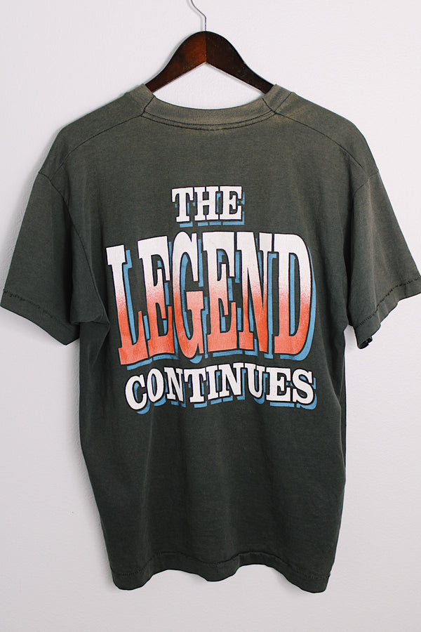 Men's or women's vintage 1994 Best, Fruit of the Loom, Made in the USA label black Merle Haggard tour tee with large colored graphic on front and back in a cotton and polyester material. 