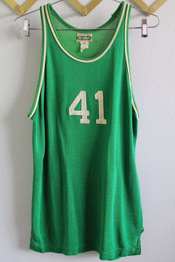Women's or men's vintage 1960's Made Expressly for C&S Sports Equipment, Spokane, Washington label sleeveless green sports tank with white trim and number 41 embroidered on front and back.
