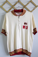 Women's or men's vintage 1950's Action Tailored by Rawlings, Bill Beard Sporting Goods inc., Salem, Oregon label short sleeve white sport jersey with maroon and yellow trim