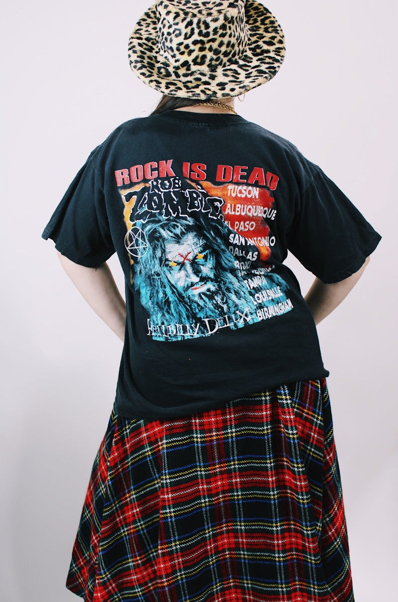 Women's or men's vintage 1999 Royal Avalon, Made in Mexico label short sleeve black Korn and Rob Zombie Rock is Dead tour tee with colored graphic on front and back.