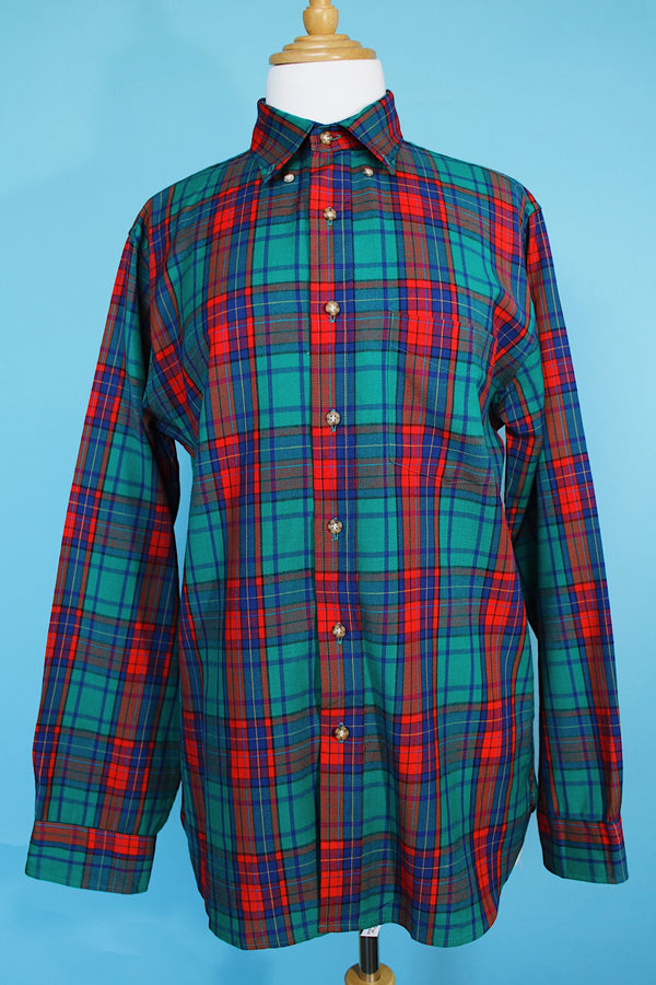 Men's vintage 1980's Pendleton, Made in USA label long sleeve button up plaid print shirt in red, blue, and green and a wool material.