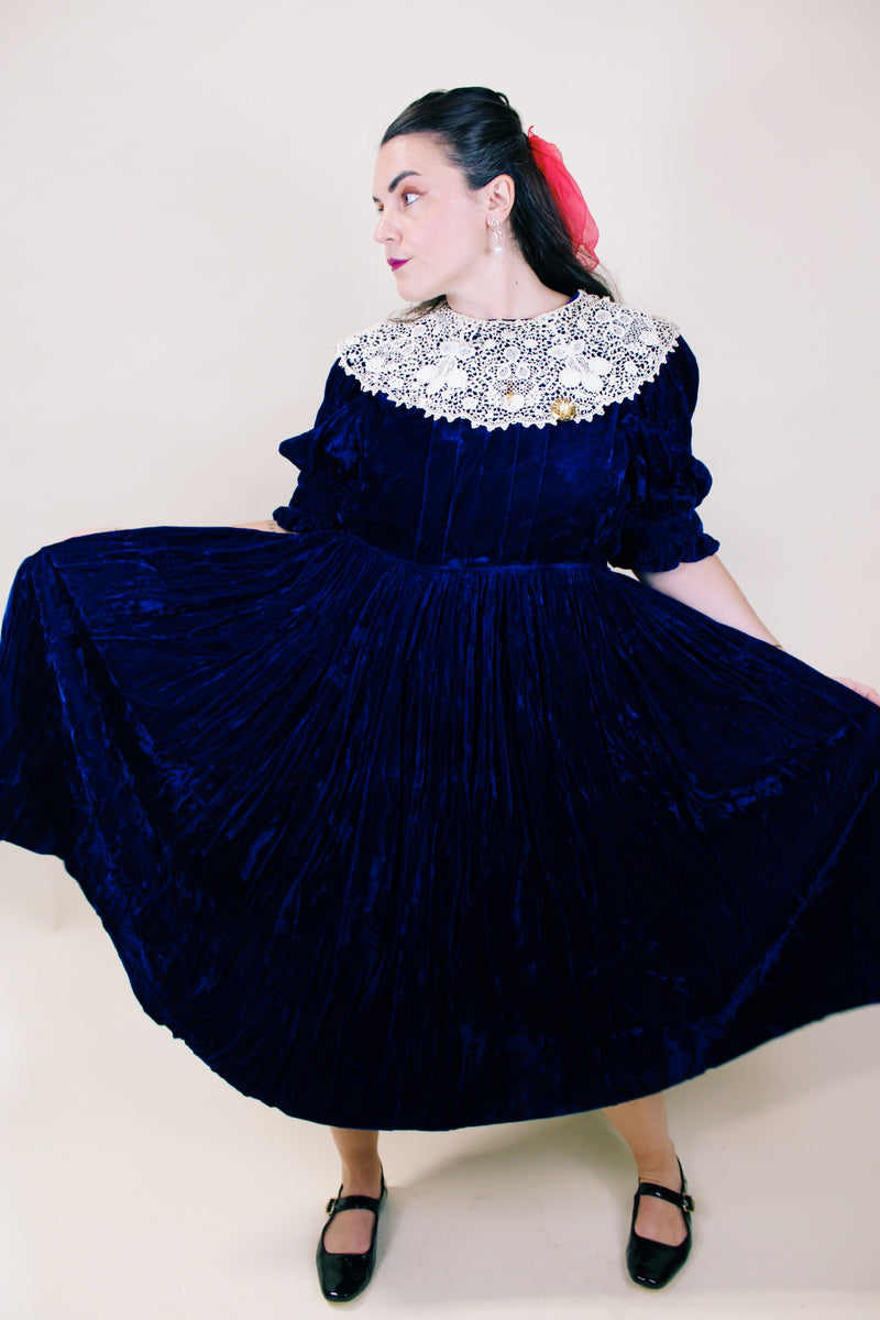 1970's Blue Velvet Dress with Collar | Live Forever Vintage 1970's Blue Velvet Dress with Collar | Live Forever Vintage