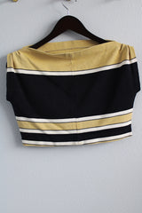 Women's vintage 1980's Smartee label capped sleeved short cropped top with a boat neck and has black, white, and beige stripes.
