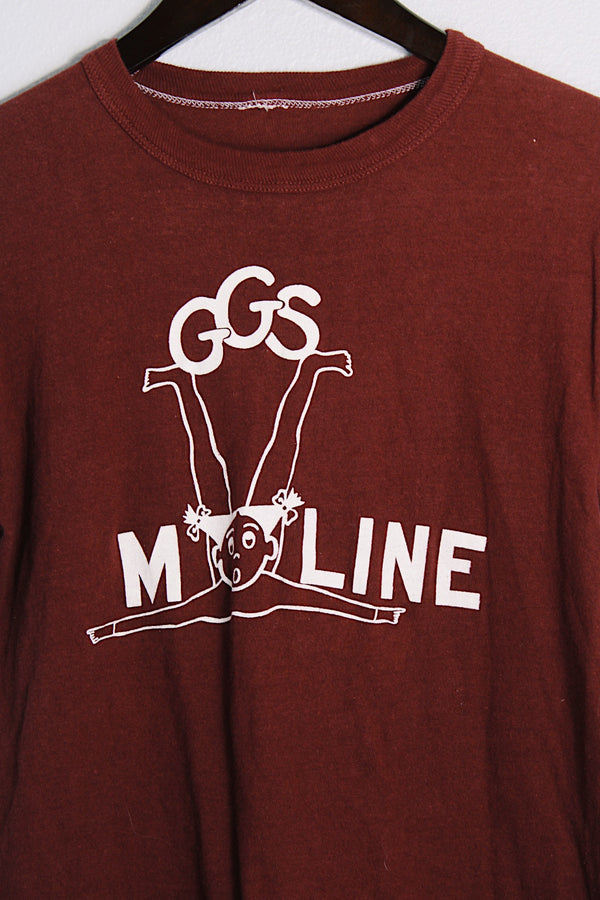 Women's or men's vintage 1970's short sleeve maroon colored tee with a white graphic on the front in a cotton and polyester material. 