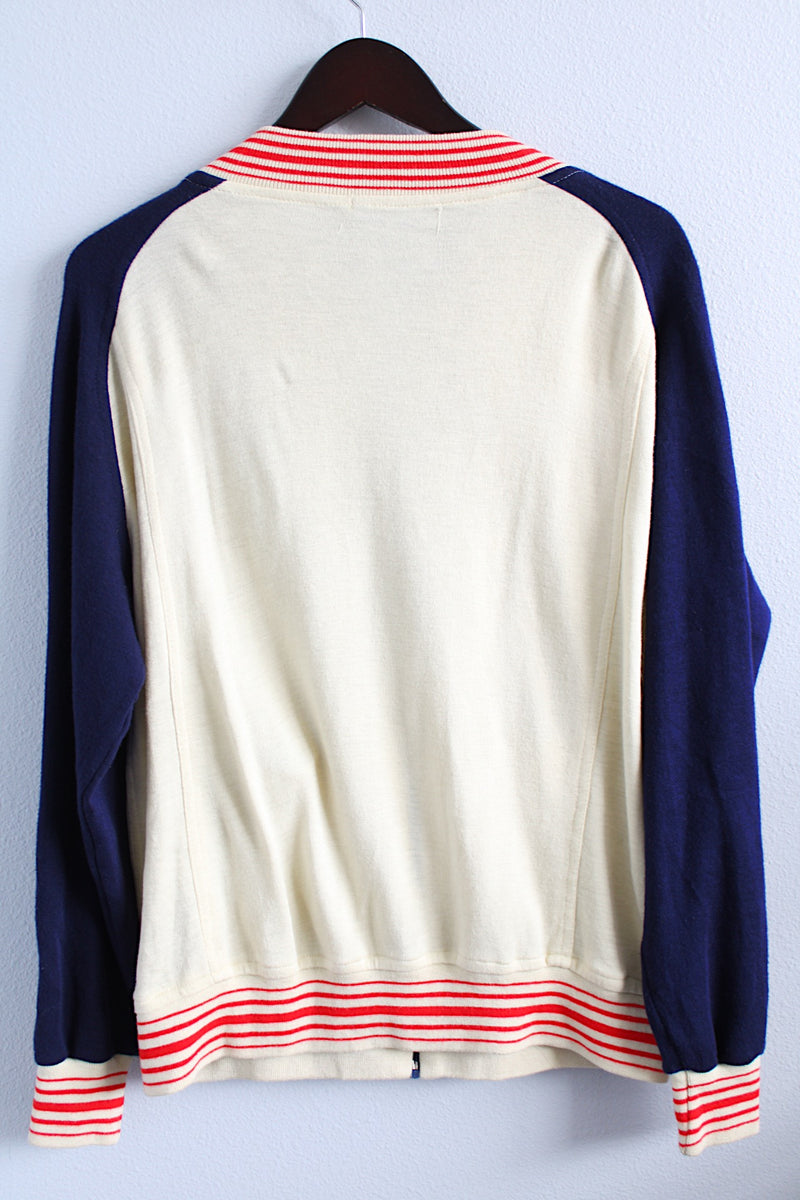 Men's or women's vintage 1970's Ways label long sleeve zip up soft sweater track jacket in cream, navy, and red colors.