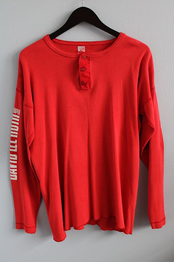 Men's or women's vintage 1980's Hanes, Made in USA label long sleeve cotton henley tee with David Lee Roth tour text on arms.
