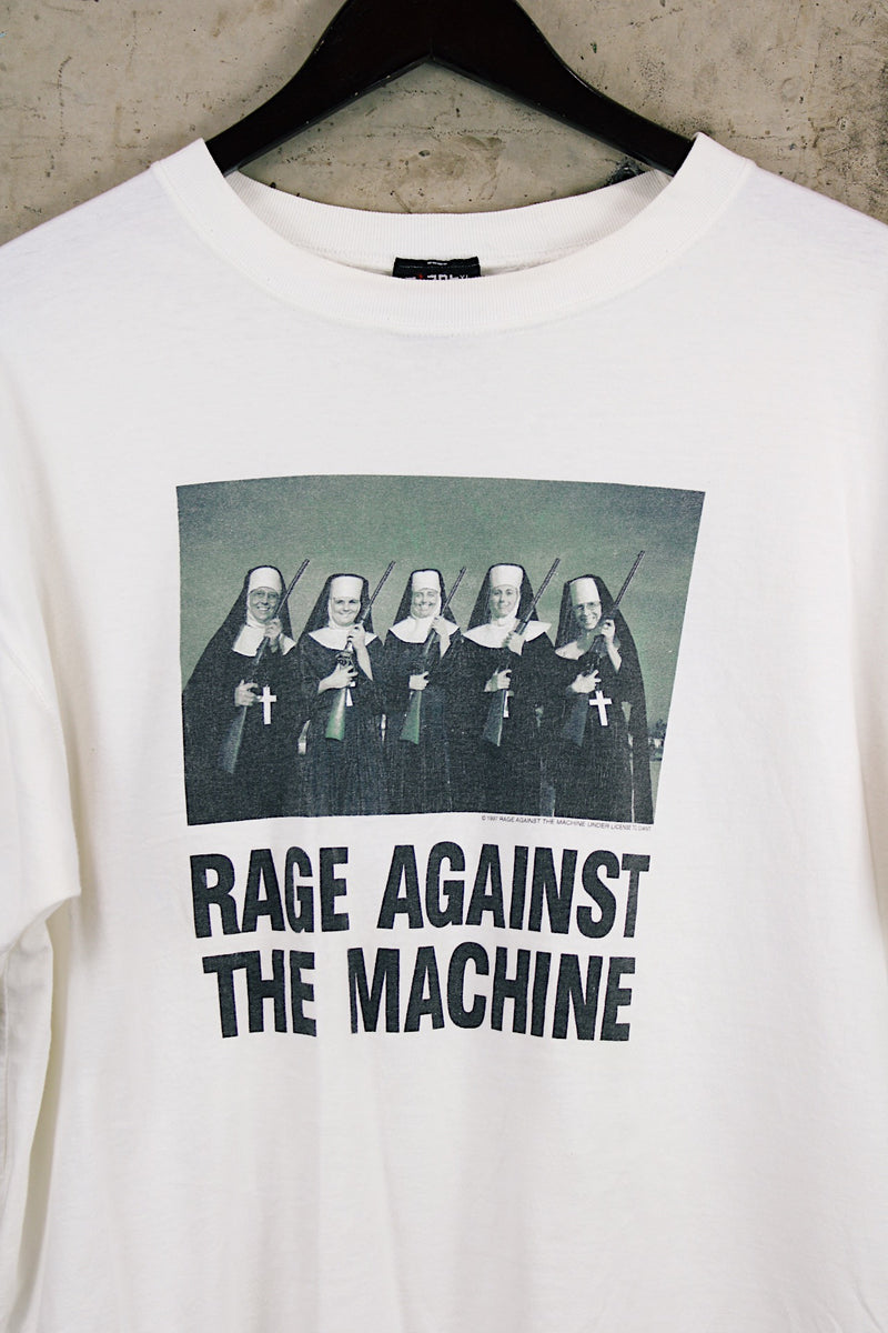 Men's or women's vintage 1997 Giant, Made in USA label short sleeve white t-shirt with Rage Against The Machine graphic on front and back.