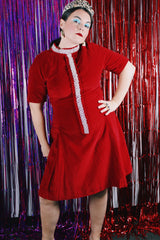 Women's vintage 1970's short sleeve mini length red velvet shift dress. 