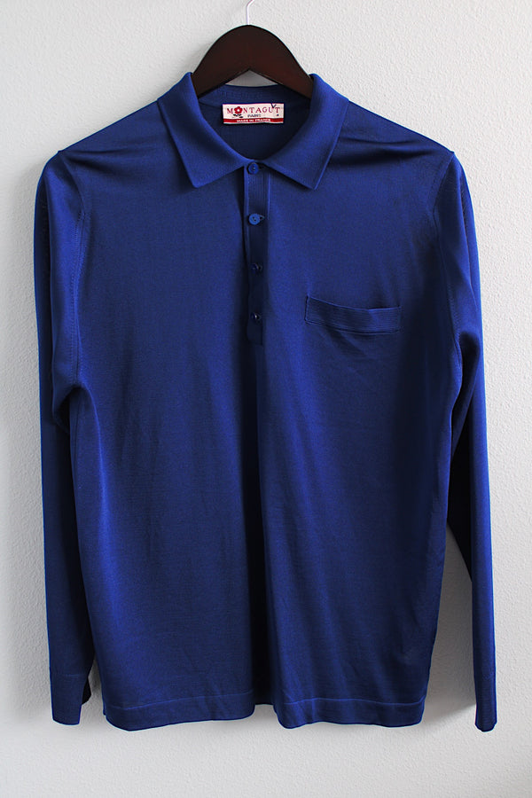 Men's or women's vintage 1980's Montagut Paris, Made in France label long sleeve navy blue polo top with a collar and half button closure in a slinky lightweight polyester material.