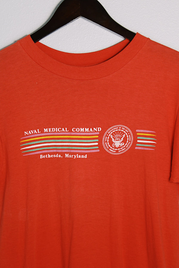 Men's or women's vintage 1980's Hanes, Fifty-Fifty, Made in USA label short sleeve red navy graphic tee in a cotton and polyester material. 