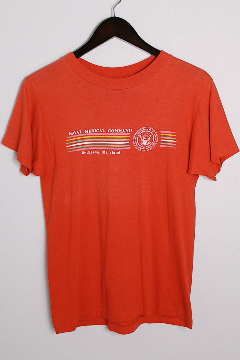 Men's or women's vintage 1980's Hanes, Fifty-Fifty, Made in USA label short sleeve red navy graphic tee in a cotton and polyester material. 