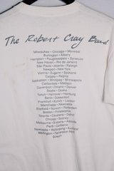 Women's or men's vintage 1988 Fruit of the Loom, Made in USA label short sleeve white 1988 The Robert Cray Band tour tee with graphic on front and back in cotton material.