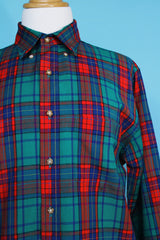 Men's vintage 1980's Pendleton, Made in USA label long sleeve button up plaid print shirt in red, blue, and green and a wool material.