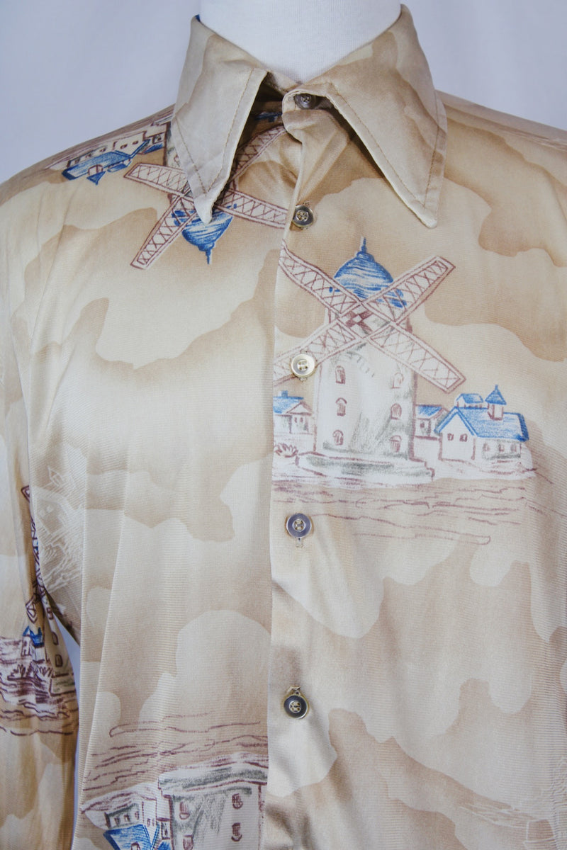 Men's or women's vintage 1970's Gold Mine label long sleeve cream colored button up shirt with an all over windmill print in a slinky polyester material.