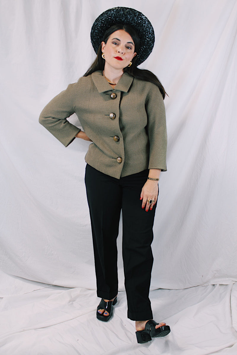 Women's vintage 1950's Harold, Monte-Sano & Pruzan, New York label nubby wool textured grey colored jacket with big grey buttons and small peter pan collar.