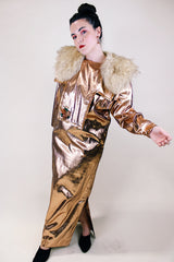 Women's vintage 1980's Original by Freida label long sleeve long length bronze metallic costume dress with a bib in front and back.