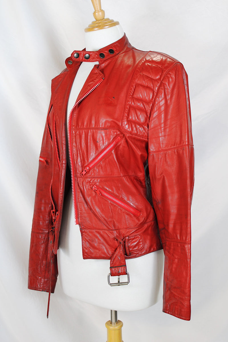 Women's or men's vintage 1980's Wilson's Suede & Leather long sleeve zip up short fit bright red leather moto style jacket. 