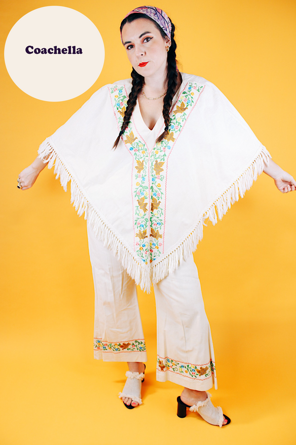 1970's cream colored fringed poncho and pant set with floral and bird embroidery 