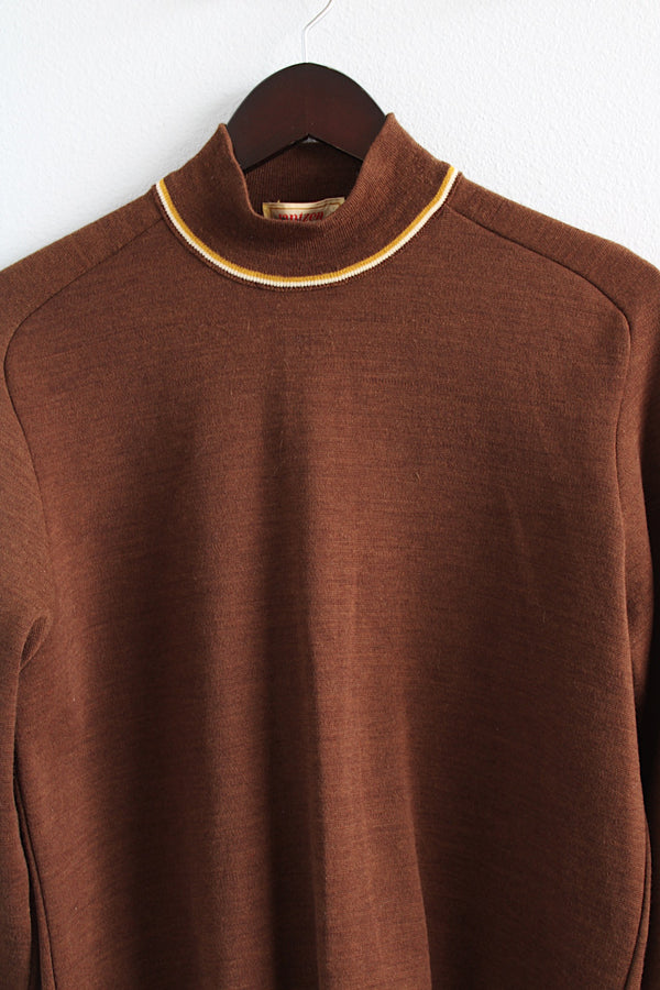 Men's or women's vintage 1960's Jantzen Limited, Made in USA label long sleeve brown colored wool material pullover sweater with a mock neck