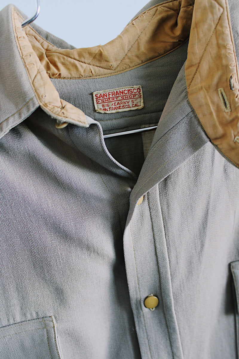 Men's 1950's San Francisco Shirt Shop, Big Kearney St., San Francisco CA. label long sleeve button up shirt in tan color with lighter tan buttons