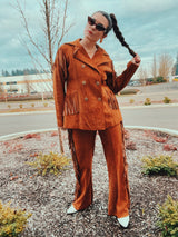 brown suede double breasted jacket and high waisted pants set each with fringe details 1970's vintage 