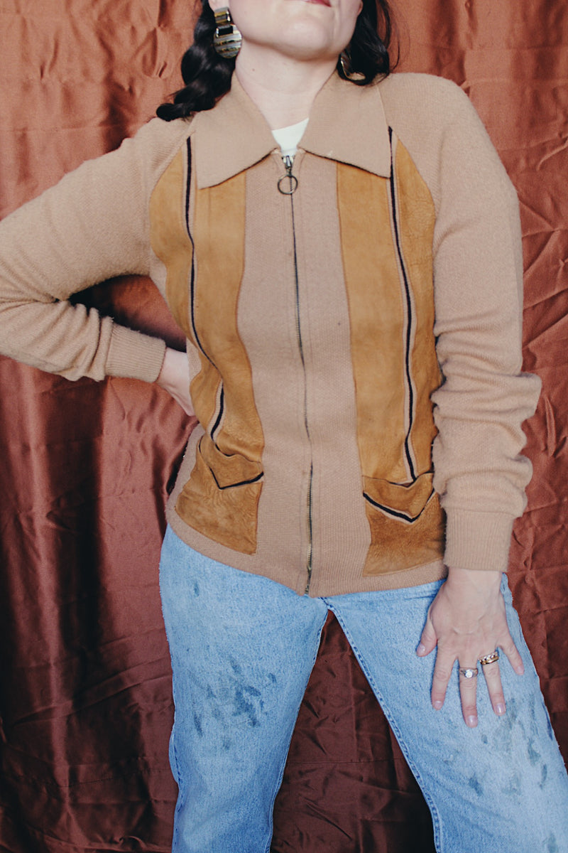 Women's or men's vintage 1970's Challenger, Made in USA label long sleeve camel brown colored zip up cardigan with a collar. Knit with suede trim on the front. 