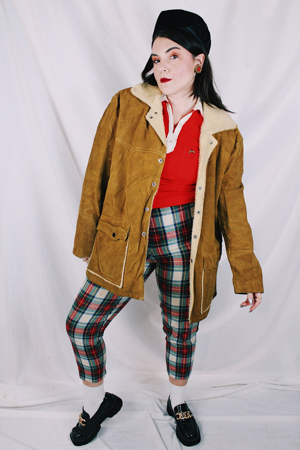Men's or women's vintage 1960's Jo-O-Kay, Fashions in Leather by Corral Sportswear CO. label long sleeve tan brown suede jacket with cream shearling liner. 
