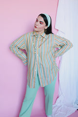 Men's or women's vintage 1960's The Crescent Spokane, Gant Shirtmakers label long sleeve cotton material button up shirt with yellow, green, and peach vertical stripes.
