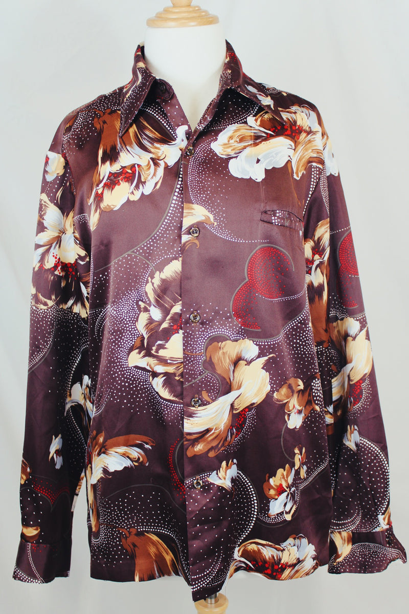 Men's vintage 1980's Tori Richard Honolulu, Made in USA label brown polyester button up shirt with all over floral print.
