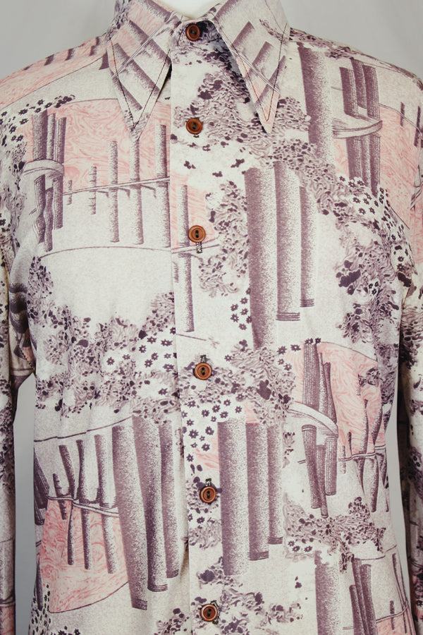 Women's or men's vintage 1970's Scene 3 by Da Vinci label long sleeve slinky polyester material button up shirt with a novelty print in white, grey, and light pink. 